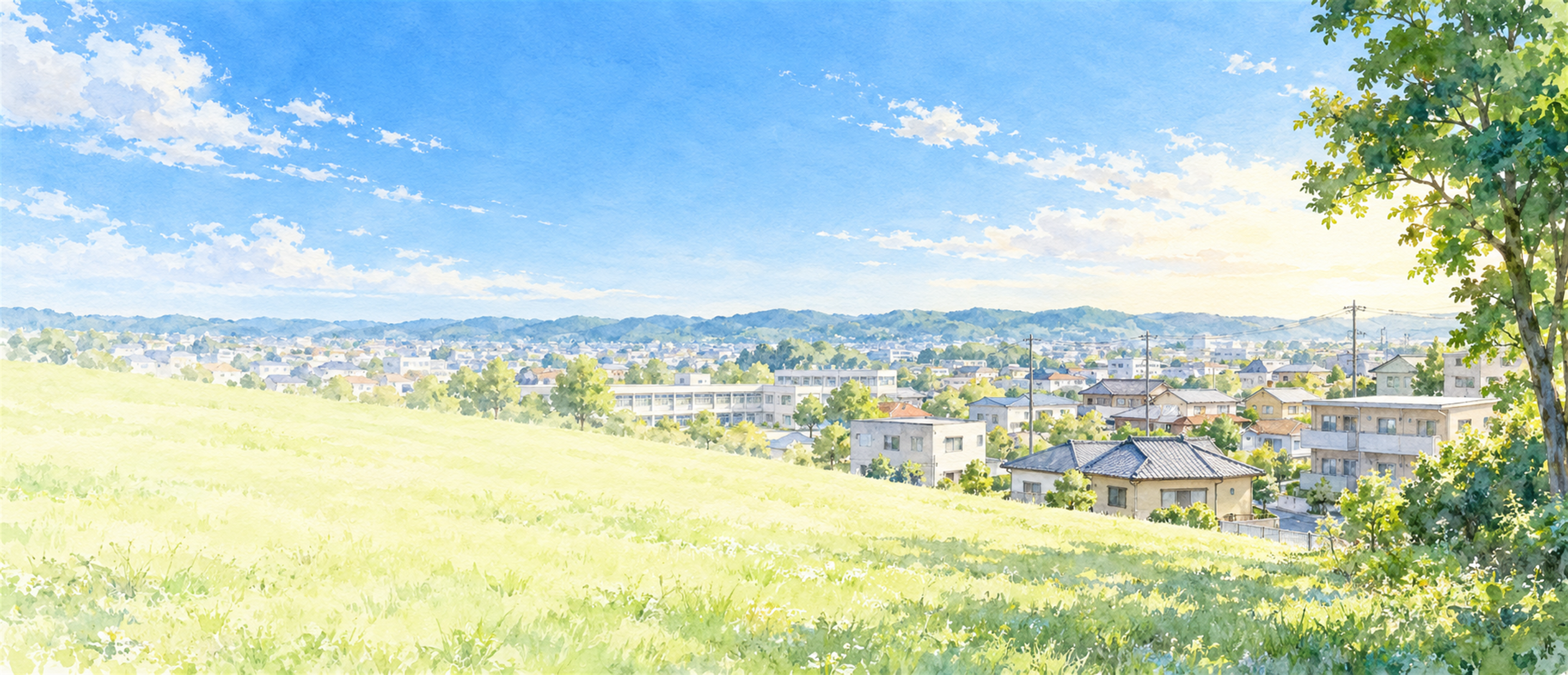朝の東海市の住宅地を、高台から見渡した風景画
